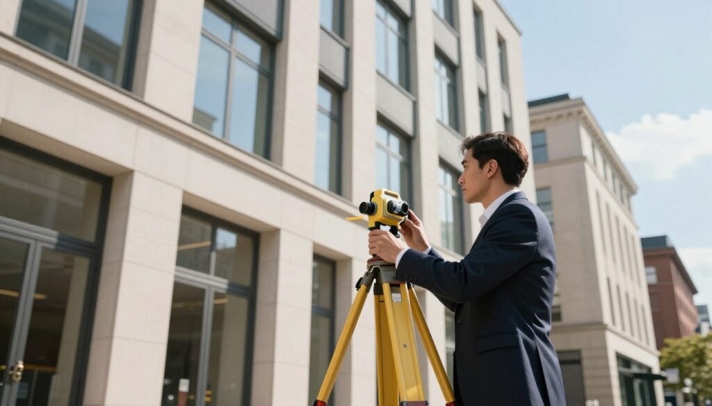 A detailed scene capturing the measurement of a building's front elevation. In the foreground, a professional surveyor, dressed in smart business attire, uses a laser measuring tool to assess the height and width of a modern building's façade. The middle ground features a classic urban architecture with clean lines and large windows, showcasing a blend of contemporary and traditional styles. In the background, a clear blue sky adds depth, with soft, natural daylight illuminating the structure. The perspective is slightly angled from below to emphasize the height of the building while maintaining focus on the measuring process. The overall mood is professional and methodical, highlighting precision in building measurement techniques.