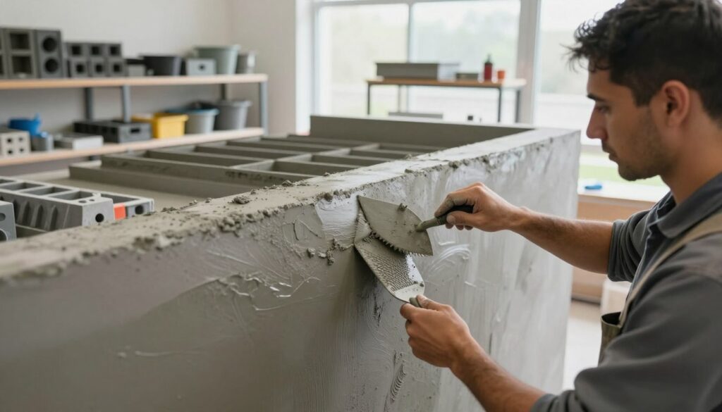 A detailed step-by-step application of architectural concrete is depicted in a workshop setting. In the foreground, a skilled artisan in professional work attire applies a smooth layer of grey concrete to a wall, showcasing texture tools and a trowel. The middle ground features a large, partially finished decorative concrete panel, with varying shades of grey and intricate patterns emerging. In the background, shelves are lined with different molds and mixing tools, while natural light streams through large windows, creating a bright but soft atmosphere. The scene conveys a sense of craftsmanship and creativity, inviting viewers into the meticulous process of decorative concrete application. The focus is sharp, emphasizing the artisan's careful technique, with a slight depth of field blurring the background for depth. A detailed step-by-step application of architectural concrete is depicted in a workshop setting. In the foreground, a skilled artisan in professional work attire applies a smooth layer of grey concrete to a wall, showcasing texture tools and a trowel. The middle ground features a large, partially finished decorative concrete panel, with varying shades of grey and intricate patterns emerging. In the background, shelves are lined with different molds and mixing tools, while natural light streams through large windows, creating a bright but soft atmosphere. The scene conveys a sense of craftsmanship and creativity, inviting viewers into the meticulous process of decorative concrete application. The focus is sharp, emphasizing the artisan's careful technique, with a slight depth of field blurring the background for depth.
