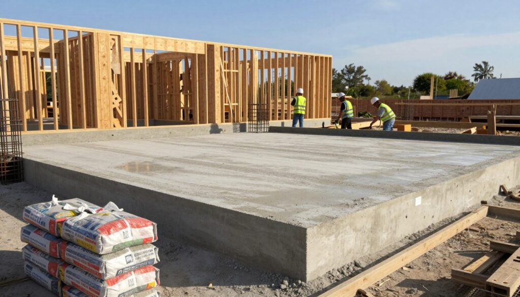 A detailed view of a concrete foundation slab being constructed for a house, showcasing workers in hard hats and safety vests collaborating on the installation. In the foreground, construction materials like rebar and cement bags are neatly arranged next to the fresh slab, glistening under a warm afternoon sun. The middle ground features the partially built structure with wooden frames rising above the foundation, while in the background, a clear blue sky and distant trees add depth. The scene conveys a sense of progress and professionalism, with bright, natural lighting highlighting the textures of the concrete and surrounding environment, creating an inviting and industrious atmosphere.