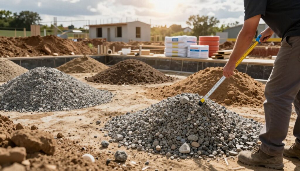 A detailed view of a construction site focusing on the external foundation preparation, showcasing different types of materials, such as gravel, sand, and clay piled around the foundation. In the foreground, a worker in professional attire is carefully assessing the materials, holding a measuring tool. The middle ground features a variety of construction materials labeled by type. In the background, an exposed foundation of a house is visible, surrounded by earthy tones and sunlight filtering through soft clouds, creating a warm and informative atmosphere. The scene is captured with a slight upward angle, emphasizing the important foundation work and the careful selection of materials, illuminated by natural light to highlight textures and colors.
