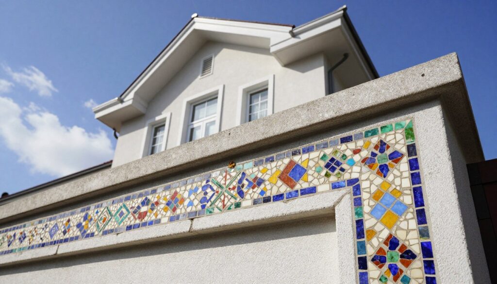 A detailed view of a house's plinth adorned with decorative mosaic plaster, showcasing intricate patterns and textures. In the foreground, highlight the vibrant colors and the tactile details of the mosaic plaster, focusing on the craftsmanship and artistry of the application. The middle ground features the sturdy structure of the house rising above the plinth, with a clean and modern design that emphasizes architectural harmony. The background includes a clear blue sky and a few soft clouds, promoting a bright and inviting atmosphere. Utilize natural sunlight to illuminate the scene, casting gentle shadows that enhance the three-dimensional quality of the plaster. Capture the image from a low angle for a dramatic perspective, emphasizing the plinth's importance in the overall façade of the house.