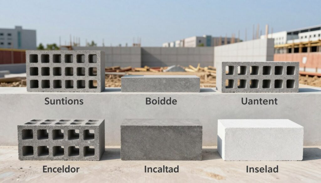 A detailed visual representation of different types of foundation blocks, arranged in an organized layout. In the foreground, showcase three distinct types of foundation blocks: hollow blocks, solid blocks, and insulated blocks, each with clear labeling and textures visible. The middle layer features a construction site background, with partially constructed walls indicating their application. In the background, a clear blue sky and distant buildings provide context, suggesting an urban environment. Use natural daylight for soft, even lighting, creating an inviting atmosphere. The composition should convey a sense of professionalism and focus, emphasizing the importance of selecting the right type of foundation block for construction. Ensure no text, watermarks, or distractions are present in the image. A detailed visual representation of different types of foundation blocks, arranged in an organized layout. In the foreground, showcase three distinct types of foundation blocks: hollow blocks, solid blocks, and insulated blocks, each with clear labeling and textures visible. The middle layer features a construction site background, with partially constructed walls indicating their application. In the background, a clear blue sky and distant buildings provide context, suggesting an urban environment. Use natural daylight for soft, even lighting, creating an inviting atmosphere. The composition should convey a sense of professionalism and focus, emphasizing the importance of selecting the right type of foundation block for construction. Ensure no text, watermarks, or distractions are present in the image.