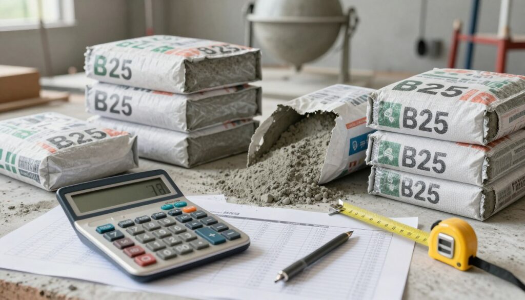 A detailed workspace illustrating the calculation of concrete quantities and bags for B25 concrete. In the foreground, a large, open calculator and measuring tape are shown, surrounded by scattered documents with numerical calculations. In the middle ground, several bags of B25 concrete are stacked neatly, with a few bags opened to reveal the gray powder inside. The background features a construction site, with a concrete mixer and tools visible, harmonizing the theme. Soft, natural light filters in, enhancing the scene's clarity. The overall mood is professional and instructional, conveying a sense of diligence and focus on precision.