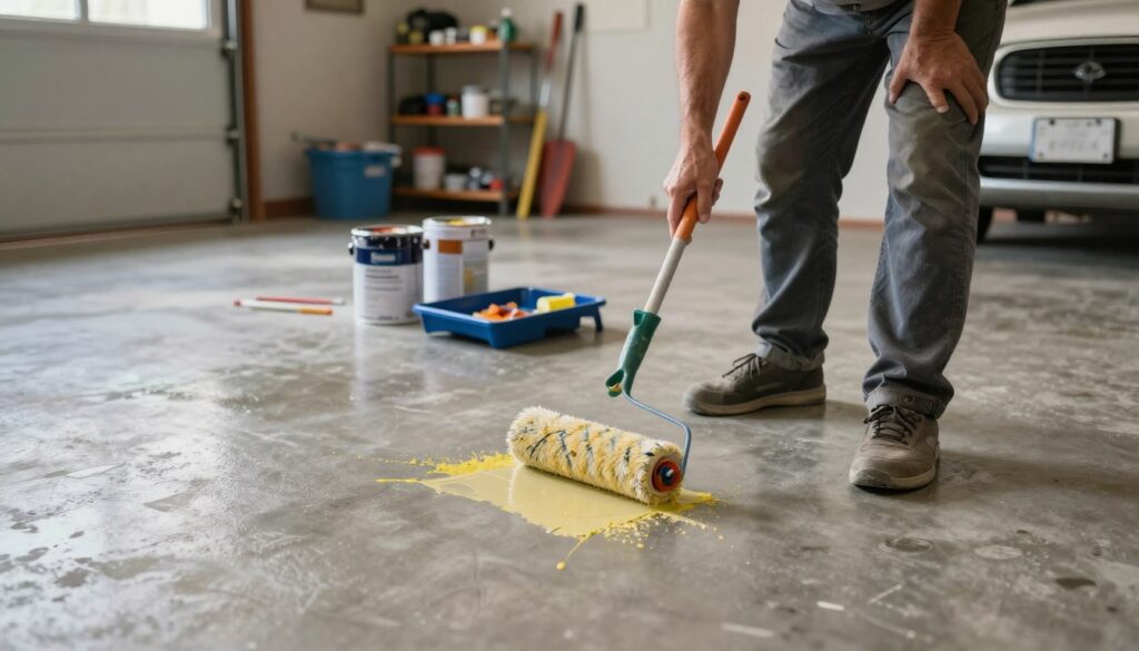 A garage scene focused on a person painting a concrete floor with a durable epoxy paint. In the foreground, a middle-aged individual wearing modest casual work attire is using a roller brush. Show splashes of bright color against the gray concrete floor, highlighting sections being coated. In the middle, paint cans and tools are spread out, including a paint tray. The background features garage walls with shelving, tools neatly organized, and a vehicle partially visible, creating a realistic garage environment. Soft overhead lighting casts a warm glow, enhancing the working atmosphere. The image conveys a sense of productivity and precision in home improvement.