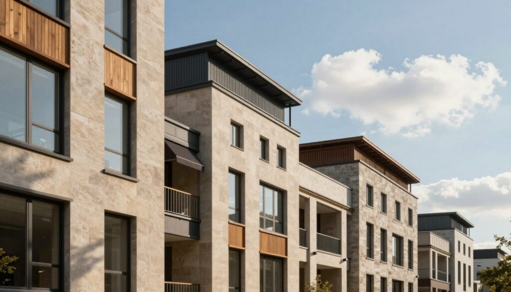 A modern building facade showcasing various elevation styles, including a mix of contemporary, traditional, and industrial elements. In the foreground, a close-up view highlights textured materials like stone and wood, with large windows reflecting light. The middle section features a larger view of the entire building, capturing its architectural details such as balconies, awnings, and decorative trim. The background includes a clear blue sky with fluffy clouds, enhancing the overall brightness. The lighting is warm and inviting, casting soft shadows for depth. The mood conveys professionalism and elegance, ideal for illustrating the concept of building elevations.