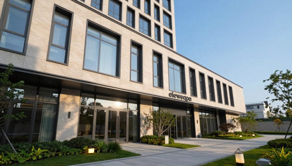 A modern building showcasing a striking façade, emphasizing the concept of “elewacja” as an essential element of architectural design. In the foreground, the textured surface of the building cladded in natural stone and large glass panels reflects sunlight, enhancing the impression of durability and aesthetic appeal. The middle ground features a landscaped area with greenery and decorative lighting that complements the building, while a gentle pathway invites viewers closer. The background showcases a clear blue sky, creating a fresh and vibrant atmosphere. Use soft, natural lighting to highlight the details of the elevation's textures and colors, captured from a low-angle perspective that emphasizes the height and grandeur of the structure. The overall mood is sophisticated and inviting, emphasizing the functionality and significance of a well-designed building façade.