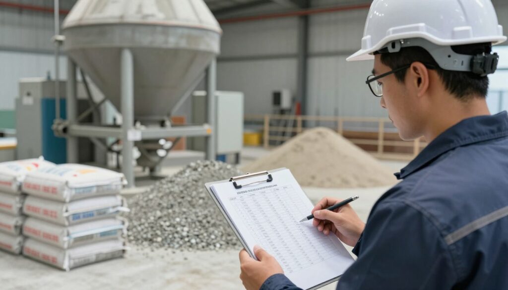 A professional setting illustrating the calculation of concrete ingredient proportions. In the foreground, an engineer with glasses wearing a safety helmet is examining a clipboard with a detailed chart of concrete mixture ratios. The middle ground features a large mixing plant with bags of cement, gravel, and sand neatly arranged, demonstrating the various materials involved. In the background, soft ambient lighting creates a workshop atmosphere, highlighting the industrial machinery used for mixing concrete, with a subtle focus effect to emphasize the engineer and the clipboard. The overall mood is analytical and precise, conveying a sense of professionalism and methodical planning in construction.