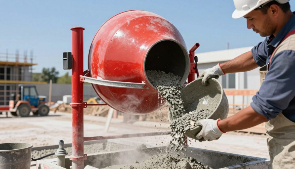 A professional setting illustrating the preparation of B25 concrete in a concrete mixer. In the foreground, a laborer in a safety helmet and work gloves is carefully measuring and pouring ingredients such as cement, sand, gravel, and water into the vibrant red and silver concrete mixer. The middle ground features the mixer, with fine dust and splashes of wet concrete creating a dynamic action. In the background, a sunny construction site is visible, with outlines of buildings and equipment, under a clear blue sky. The lighting is bright and natural, emphasizing the textures of the materials. The mood is industrious and focused, showcasing a practical approach to concrete mixing. A professional setting illustrating the preparation of B25 concrete in a concrete mixer. In the foreground, a laborer in a safety helmet and work gloves is carefully measuring and pouring ingredients such as cement, sand, gravel, and water into the vibrant red and silver concrete mixer. The middle ground features the mixer, with fine dust and splashes of wet concrete creating a dynamic action. In the background, a sunny construction site is visible, with outlines of buildings and equipment, under a clear blue sky. The lighting is bright and natural, emphasizing the textures of the materials. The mood is industrious and focused, showcasing a practical approach to concrete mixing.