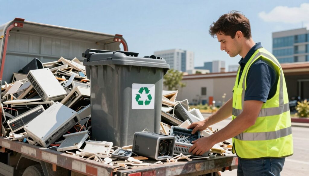 A professional setting showcasing a clean and organized waste disposal area for construction debris and electronic waste. In the foreground, a well-dressed worker in a safety vest is inspecting piles of rubble and old electronics, like computers and appliances, scattered on a flatbed truck. In the middle, a recycling bin clearly labeled for electronic waste is positioned next to the debris, emphasizing proper disposal. The background features a bright, sunny day with blue skies and a modern cityscape, symbolizing environmental responsibility. The scene is well-lit, capturing the details of the materials and the worker's focused expression. The overall atmosphere should convey efficiency and a commitment to managing renovation waste sustainably.