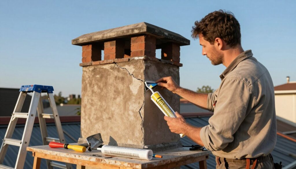 A rooftop chimney preparation scene focused on sealing techniques. In the foreground, a professional contractor in modest casual clothing examines the chimney, holding sealing materials like caulk and flashing. In the middle, various tools like a trowel, ladder, and sealant spread across a workbench. The chimney shows signs of wear, with visible cracks and gaps being highlighted for clarity. In the background, a clear blue sky contrasts with the chimney's earthy tones, casting soft shadows from the late afternoon sunlight. The atmosphere is practical and industrious, emphasizing craftsmanship and attention to detail.