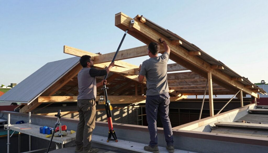 A rooftop construction scene, showcasing a skilled team of two professionals in modest casual clothing, strategically raising the structure without removing the existing roof covering. In the foreground, one person is using a hydraulic jack, while the other is carefully measuring the elevation, surrounded by scaffolding and tools. The middle ground features the partially lifted roof, revealing a complex interplay of beams and support structures, emphasizing the innovative methods used for elevation. The background shows a clear blue sky, with soft sunlight casting natural light over the scene, creating a hopeful and industrious atmosphere. Capture this from a slightly elevated angle for a comprehensive view, focusing on the teamwork and precision involved in the roof-raising process. A rooftop construction scene, showcasing a skilled team of two professionals in modest casual clothing, strategically raising the structure without removing the existing roof covering. In the foreground, one person is using a hydraulic jack, while the other is carefully measuring the elevation, surrounded by scaffolding and tools. The middle ground features the partially lifted roof, revealing a complex interplay of beams and support structures, emphasizing the innovative methods used for elevation. The background shows a clear blue sky, with soft sunlight casting natural light over the scene, creating a hopeful and industrious atmosphere. Capture this from a slightly elevated angle for a comprehensive view, focusing on the teamwork and precision involved in the roof-raising process.
