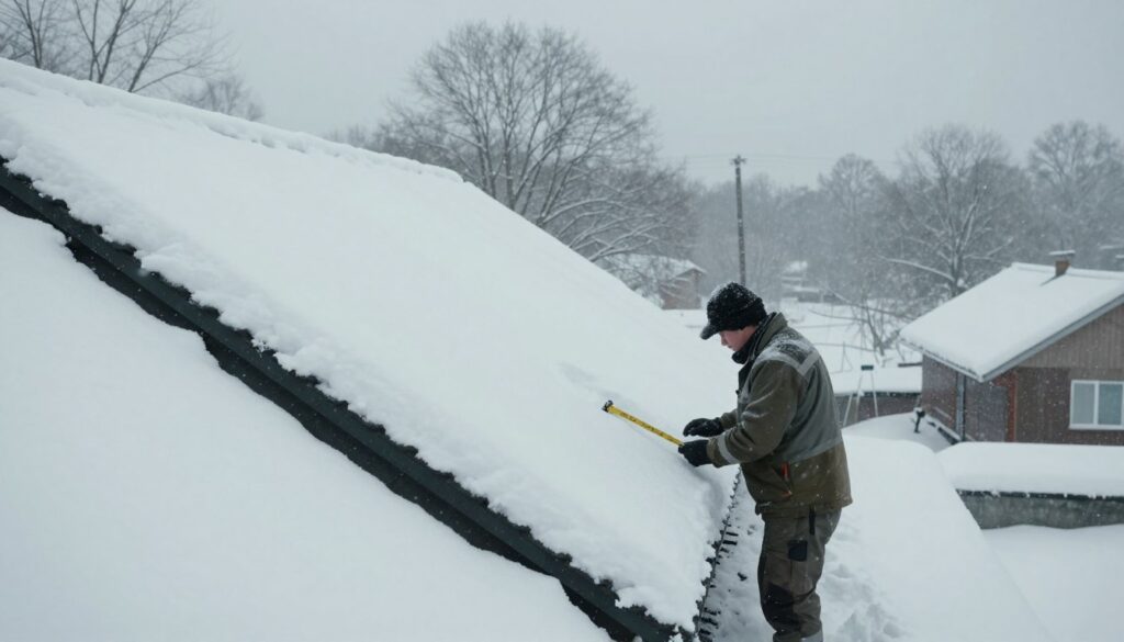 A snowy rooftop scene during winter, showcasing the assessment of snow load on a sloped roof. In the foreground, a professional individual in warm, practical clothing inspects the snow-covered roof, holding a measuring device. The middle ground features thick layers of snow draping over the roof's edges, visibly stressing the shingles beneath. In the background, a serene winter landscape with gently falling snowflakes and bare trees sets a calm atmosphere. Soft, diffused light filters through the clouds, creating a muted, cool-toned ambiance. The angle of the shot captures the slope of the roof and emphasizes the snow's weight, highlighting the importance of safety in snow removal practices. The overall mood is contemplative and focused on safety and responsibility.