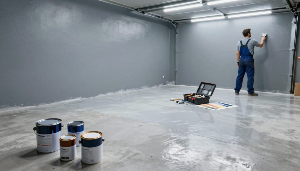 A spacious garage interior featuring a freshly painted concrete floor and walls, showcasing two distinct sections: one side with a glossy epoxy-coated floor and the other with a matte finish designed for garage walls. The foreground highlights paint cans and brushes arranged neatly, with a painter in professional attire applying the paint to a wall, focusing on achieving a perfect finish. In the middle, a toolbox lies open, displaying various tools beside a color palette of suitable garage paints. The background reveals bright, cool fluorescent lighting illuminating the garage, enhancing the clean and organized atmosphere. The overall mood is professional and industrious, capturing the essence of selecting the right paint for durability and aesthetics in a garage setting.