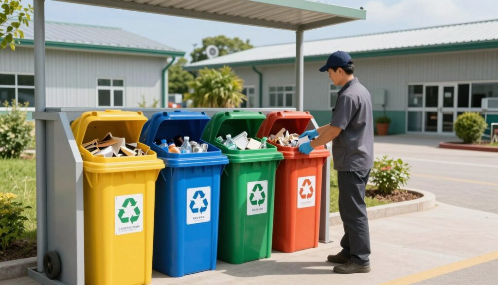 A vibrant scene showcasing a waste collection point in a municipal recycling center. In the foreground, a clean, organized area displays separated bins for different types of waste: construction debris, plastics, paper, and metal, with clear labels and bright colors. The middle ground features a worker in professional attire, demonstrating proper waste sorting while wearing gloves, ensuring a safe and responsible approach. The background reveals an eco-friendly facility with green plants and a blue sky, indicating a commitment to sustainability. A sunny, bright atmosphere enhances the image, casting soft shadows that create a welcoming environment. The composition should be dynamic, with an angle that captures both the person and the waste bins prominently, ensuring clarity and focus on the recycling theme.