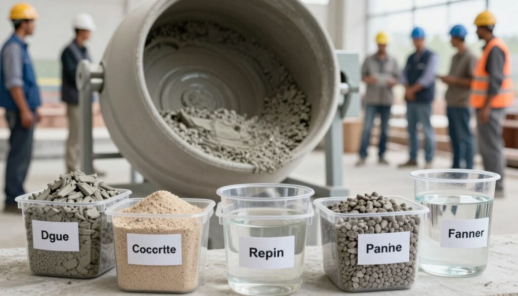 A visually engaging composition depicting the impact of concrete composition on strength. In the foreground, a close-up view of various concrete ingredients, such as cement, sand, gravel, and water, carefully arranged in transparent containers labeled by type. In the middle ground, a concrete mixer's drum is visible, partially filled with a freshly mixed batch of concrete, showcasing a smooth texture. The background features a construction site with workers in professional business attire, observing the mixing process. The lighting is bright yet soft, creating a clear and clean atmosphere, emphasizing the importance of ingredient ratios. The image is shot from a slightly elevated angle to capture both the foreground details and the activity happening in the background. The overall mood is informative and professional, reflecting the technical nature of the subject matter.