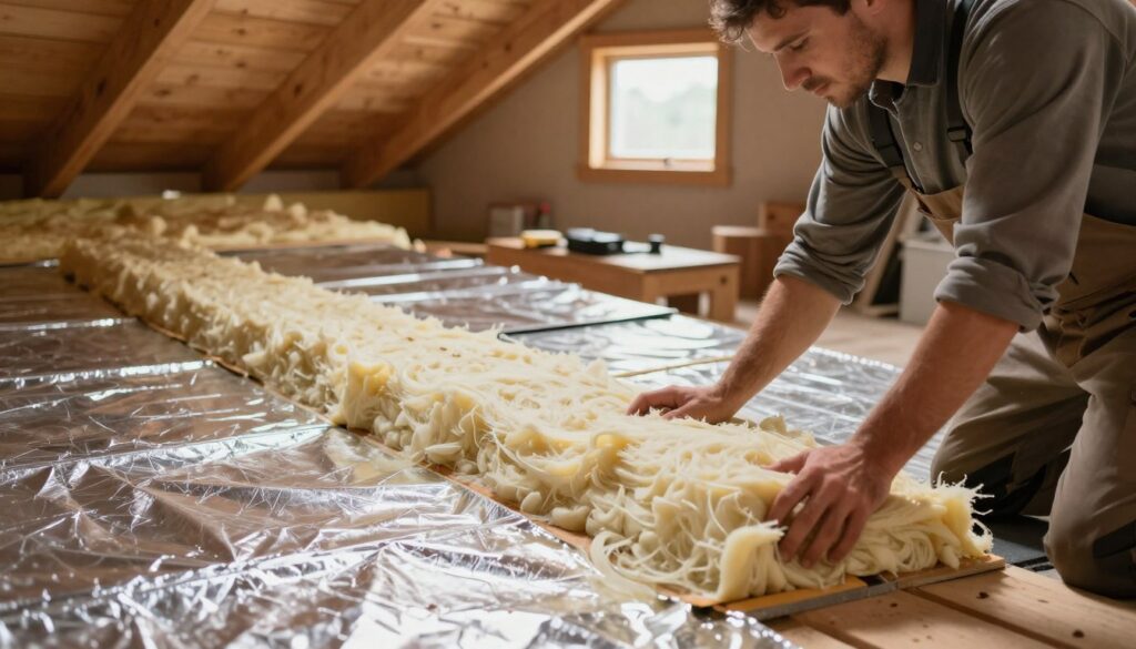 A well-constructed attic insulation scene demonstrating thermal bridge avoidance during roof insulation. In the foreground, a professional contractor carefully inspects the insulation layers, dressed in modest work attire. In the middle ground, show detailed insulation materials—like rigid boards and reflective barriers—laid out meticulously, highlighting their energy efficiency features. The background features a cozy attic space with wooden beams and natural lighting filtering through a window, creating a warm and inviting atmosphere. High-quality lighting emphasizes the textures of the materials, while a slight angle shot captures the depth and intricacies of the insulation method. The overall mood is professional and informative, illustrating best practices for effective thermal insulation. A well-constructed attic insulation scene demonstrating thermal bridge avoidance during roof insulation. In the foreground, a professional contractor carefully inspects the insulation layers, dressed in modest work attire. In the middle ground, show detailed insulation materials—like rigid boards and reflective barriers—laid out meticulously, highlighting their energy efficiency features. The background features a cozy attic space with wooden beams and natural lighting filtering through a window, creating a warm and inviting atmosphere. High-quality lighting emphasizes the textures of the materials, while a slight angle shot captures the depth and intricacies of the insulation method. The overall mood is professional and informative, illustrating best practices for effective thermal insulation.