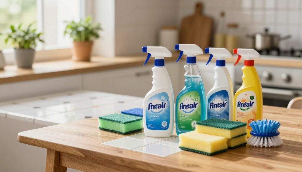 A well-organized display of various tile cleaning products arranged attractively on a wooden table. In the foreground, bottles of liquid cleaners with bright, eye-catching labels are positioned alongside sponges and scrubbing brushes, showcasing their textures and colors. In the middle ground, a clean, shiny tile floor reflects the ambient light, emphasizing the effectiveness of the cleaning products. The background features a softly lit kitchen setting with potted herbs and natural light streaming through a window, creating a fresh and inviting atmosphere. Capture the scene with warm lighting to convey cleanliness and practicality, using a soft focus to draw attention to the foreground items. A well-organized display of various tile cleaning products arranged attractively on a wooden table. In the foreground, bottles of liquid cleaners with bright, eye-catching labels are positioned alongside sponges and scrubbing brushes, showcasing their textures and colors. In the middle ground, a clean, shiny tile floor reflects the ambient light, emphasizing the effectiveness of the cleaning products. The background features a softly lit kitchen setting with potted herbs and natural light streaming through a window, creating a fresh and inviting atmosphere. Capture the scene with warm lighting to convey cleanliness and practicality, using a soft focus to draw attention to the foreground items.