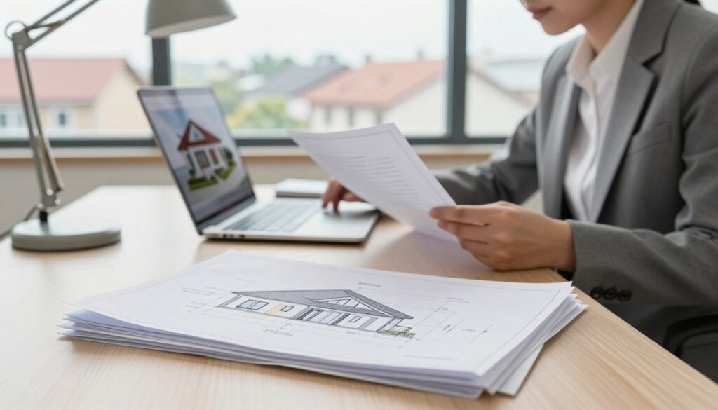 A well-organized office desk scene in a bright, modern workspace. In the foreground, a stack of architectural documents and blueprints related to roof elevation under a soft desk lamp, emphasizing details like annotations and technical drawings. In the middle, a professional individual in business attire is reviewing these documents intently, with a laptop open beside them displaying a 3D model of a house. The background features a large window with natural light streaming in, showcasing a view of rooftops of various houses. The scene conveys a mood of focus and productivity, using a slightly blurred depth of field to highlight the documents and the individual. A well-organized office desk scene in a bright, modern workspace. In the foreground, a stack of architectural documents and blueprints related to roof elevation under a soft desk lamp, emphasizing details like annotations and technical drawings. In the middle, a professional individual in business attire is reviewing these documents intently, with a laptop open beside them displaying a 3D model of a house. The background features a large window with natural light streaming in, showcasing a view of rooftops of various houses. The scene conveys a mood of focus and productivity, using a slightly blurred depth of field to highlight the documents and the individual.