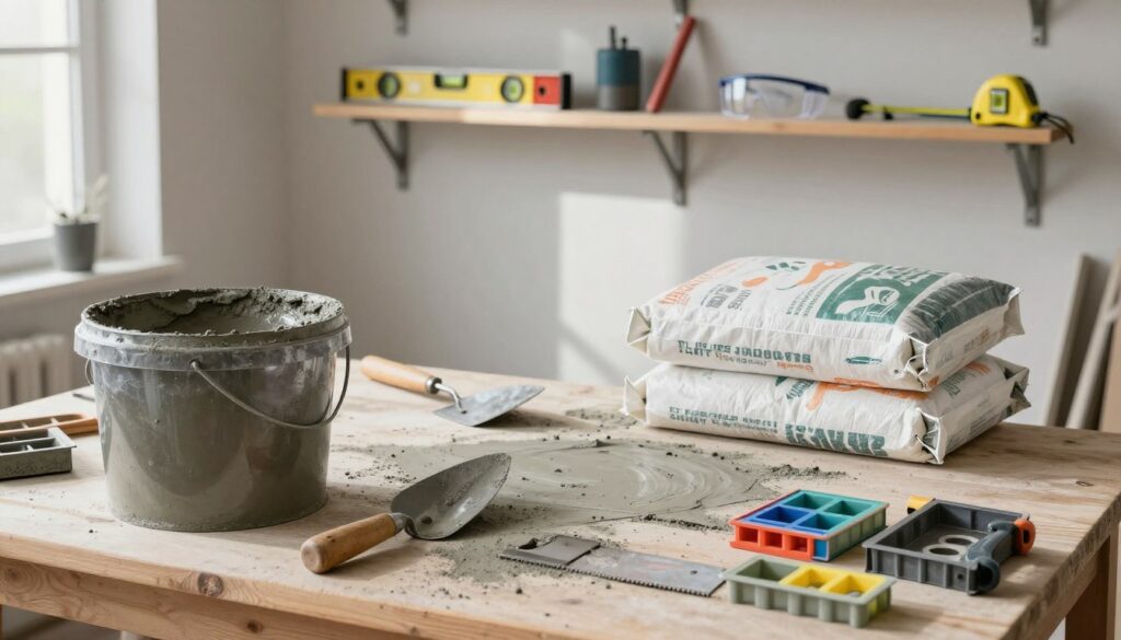 A well-organized workbench featuring various materials and tools for creating architectural concrete. In the foreground, showcase a glossy bucket of wet concrete, a trowel, and a handsaw. In the middle, include bags of concrete mix, a mixing paddle, and a set of colorful molds for shaping. Background elements should consist of an organized wall-mounted shelf with various tools like a level, measuring tape, and safety goggles. Soft natural lighting from a nearby window casts gentle shadows, creating a serene and professional atmosphere. The image should evoke creativity and craftsmanship, emphasizing the precision required for decorative surface finishes in architectural concrete projects. A well-organized workbench featuring various materials and tools for creating architectural concrete. In the foreground, showcase a glossy bucket of wet concrete, a trowel, and a handsaw. In the middle, include bags of concrete mix, a mixing paddle, and a set of colorful molds for shaping. Background elements should consist of an organized wall-mounted shelf with various tools like a level, measuring tape, and safety goggles. Soft natural lighting from a nearby window casts gentle shadows, creating a serene and professional atmosphere. The image should evoke creativity and craftsmanship, emphasizing the precision required for decorative surface finishes in architectural concrete projects.