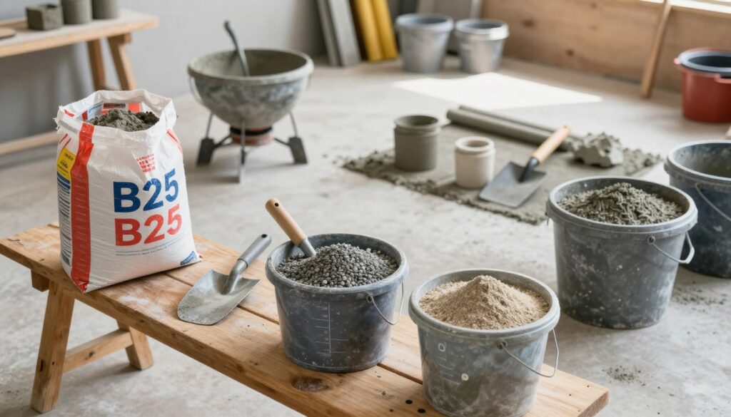 A well-organized workspace showcasing the proportions for making B25 concrete with buckets, shovels, and a bag of cement. In the foreground, a sturdy wooden bench is covered with a bag of cement and measuring buckets filled with gravel and sand, along with a metal shovel. The middle ground features an open area with a mixing tool and an assortment of concrete ingredients laid out clearly. In the background, there are construction materials and tools, with soft natural light illuminating the scene, creating a warm and inviting atmosphere. The perspective is slightly elevated, offering a clear view of the workstation and ingredients, capturing a professional and focused mood. A well-organized workspace showcasing the proportions for making B25 concrete with buckets, shovels, and a bag of cement. In the foreground, a sturdy wooden bench is covered with a bag of cement and measuring buckets filled with gravel and sand, along with a metal shovel. The middle ground features an open area with a mixing tool and an assortment of concrete ingredients laid out clearly. In the background, there are construction materials and tools, with soft natural light illuminating the scene, creating a warm and inviting atmosphere. The perspective is slightly elevated, offering a clear view of the workstation and ingredients, capturing a professional and focused mood.
