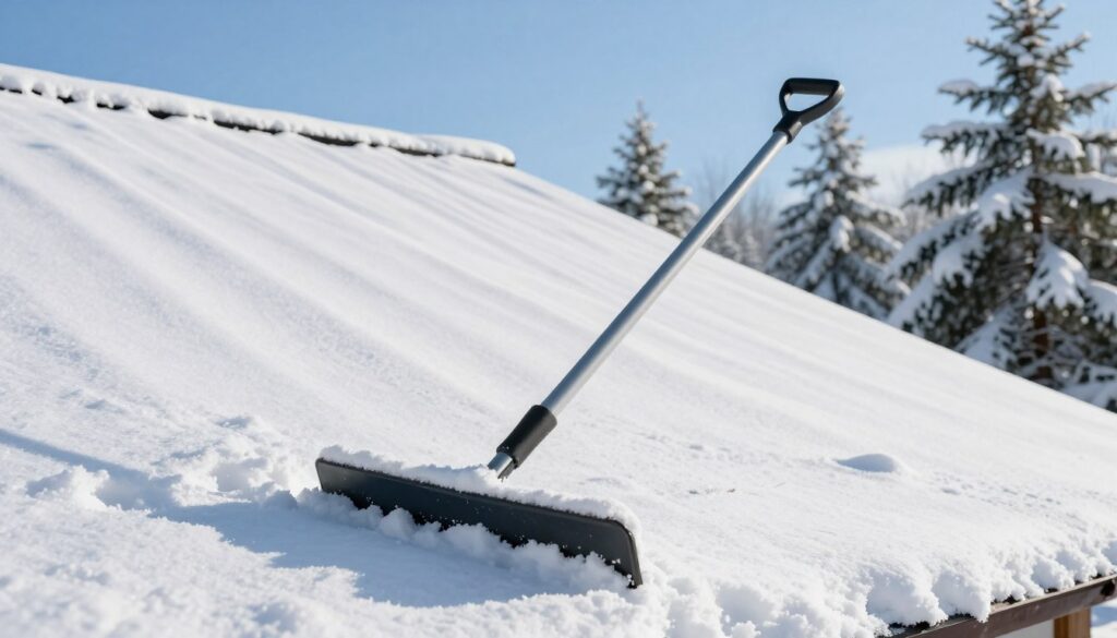 A winter scene showcasing safe snow removal tools for rooftops. In the foreground, a well-designed snow rake with a long telescopic handle and a padded edge is positioned against a snowy backdrop. The middle ground features a sloped roof covered with fresh white snow, highlighting the gently curved shape of the roof and its safe-to-use material. In the background, a clear blue sky contrasts with the white snow, and pine trees dusted with snow create a serene atmosphere. The lighting is bright and crisp, capturing the winter sunlight reflecting off the snow, enhancing the image's tranquil yet vigilant mood. The focus is sharp, with a slight depth of field blurring the distant trees, emphasizing the tools in the foreground without any text or distractions.