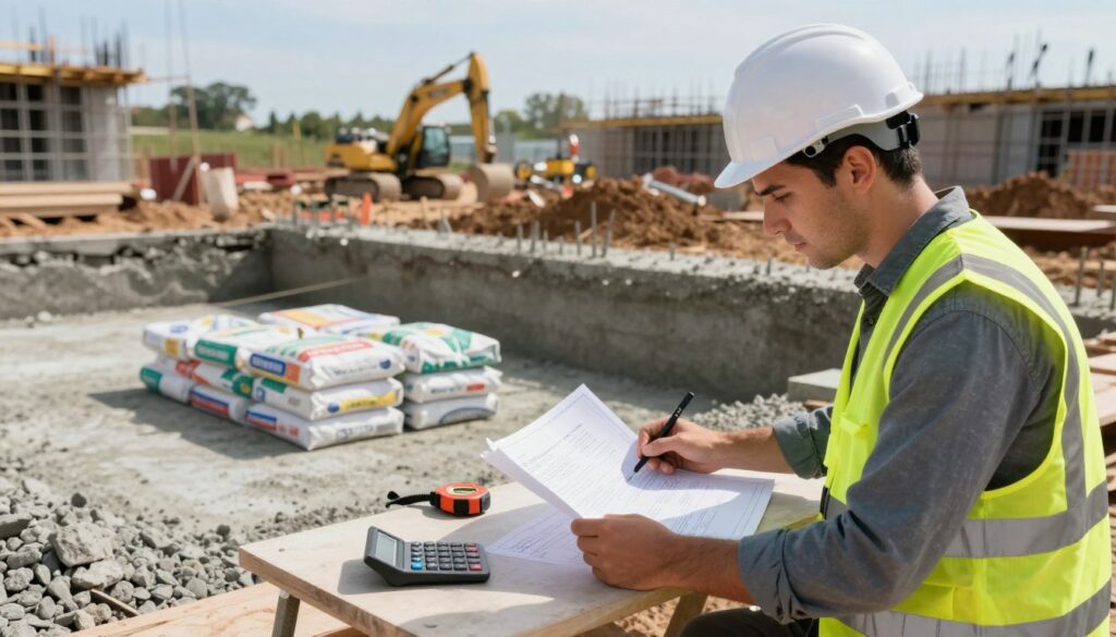 A worksite scene illustrating practical calculations for concrete quantities, focusing on a construction foundation layout. In the foreground, a professional in a hard hat and safety vest is examining blueprints, with a calculator and measuring tape on the table beside them. The middle ground features a partially dug foundation, with gravel and concrete mix bags neatly arranged. The background showcases construction machinery and scaffolding, under a clear blue sky. Soft, natural daylight streams in, highlighting the textures of the concrete and soil, creating a realistic atmosphere of a busy construction site. The mood is one of focus and precision, embodying the importance of accurate calculations in building foundations.
