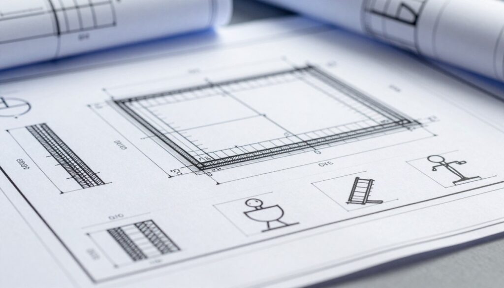 An architectural drawing showcasing various graphic symbols used in construction blueprints, emphasizing clear and precise markings. In the foreground, distinct symbols for reinforcement bars, dimensions, and foundation outlines are prominently displayed. The middle section features a detailed plan view of a building foundation with labeled areas demonstrating structural elements. In the background, soft bluish lighting casts a professional ambiance, reminiscent of technical drawing environments. The composition is viewed from a slightly elevated angle to provide depth, with a clean, uncluttered layout. The overall atmosphere conveys clarity and professionalism, suitable for an educational context in architecture and engineering.