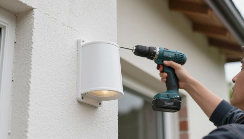 An image depicting the installation of a lamp fixture on a polystyrene exterior wall. In the foreground, a close-up view shows a sturdy, well-designed lamp mount securely fastened to a white styrofoam surface. The middle ground features hands of a professional in modest casual clothing using a drill to install the lamp. The background consists of a partially finished home facade, highlighting various types of wall textures (like brick and stucco) that demonstrate different mounting techniques. Soft, natural light emphasizes the clean lines and textures, creating a calm, focused atmosphere. The camera angle is slightly tilted upwards, showcasing the upward motion of the installation process. An image depicting the installation of a lamp fixture on a polystyrene exterior wall. In the foreground, a close-up view shows a sturdy, well-designed lamp mount securely fastened to a white styrofoam surface. The middle ground features hands of a professional in modest casual clothing using a drill to install the lamp. The background consists of a partially finished home facade, highlighting various types of wall textures (like brick and stucco) that demonstrate different mounting techniques. Soft, natural light emphasizes the clean lines and textures, creating a calm, focused atmosphere. The camera angle is slightly tilted upwards, showcasing the upward motion of the installation process.
