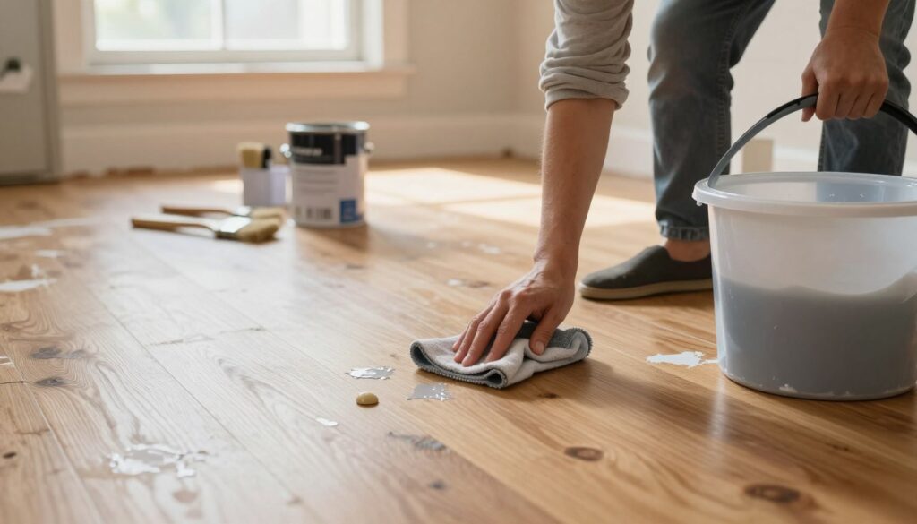 An indoor scene showcasing a hardwood floor being cleaned after a home renovation, focusing on the removal of paint stains. In the foreground, a person in modest casual clothing diligently scrubs an area of the floor with a cloth and a bucket of cleaning solution, demonstrating a clear, methodical approach. A few drops of paint are visibly smeared on the floor to illustrate the challenge. In the middle ground, there are partially opened paint cans and scattered paintbrushes, hinting at recent construction work. The background features a sunny window that casts warm light, enhancing the cleanliness of the space, while soft shadows create a clear sense of depth. The overall atmosphere is one of determination and cleanliness, visually highlighting the task of freshening up after a messy job.