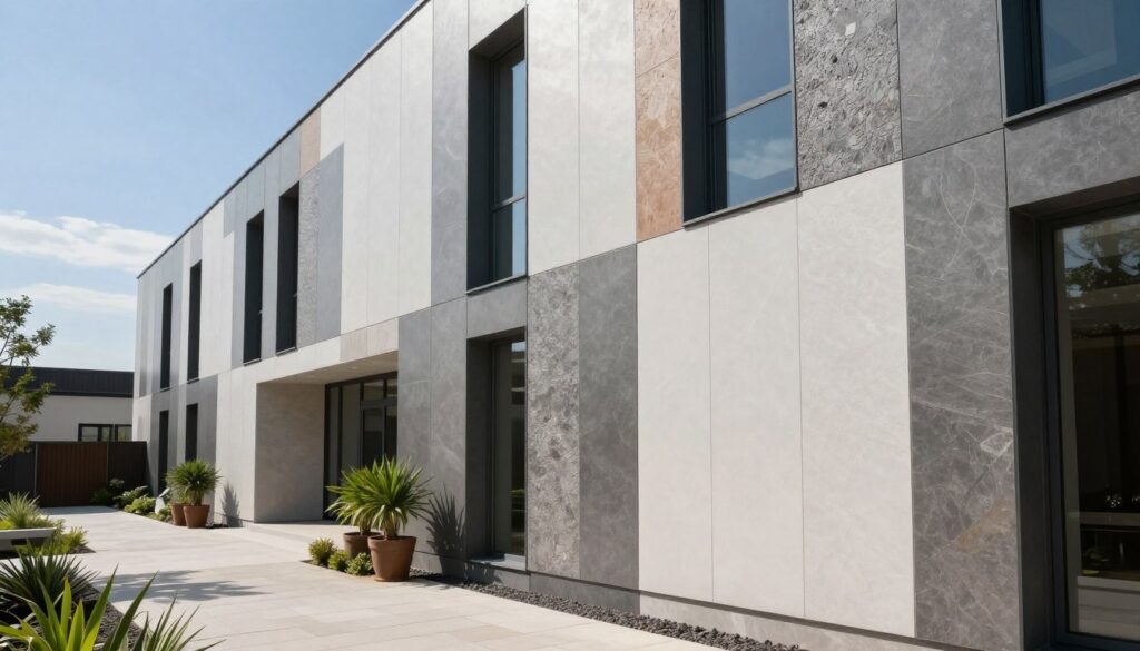 Modern panel cladding for building facades, showcasing sleek, geometric designs and various textured surfaces. In the foreground, focus on a vibrant contemporary building adorned with a mix of matte and glossy panels in shades of gray, white, and earthy tones. The middle ground features an inviting outdoor space with modern landscaping, such as potted plants and a stone pathway. In the background, a clear blue sky enhances the overall brightness of the scene. Soft natural lighting bathes the facade, highlighting the unique patterns of the cladding. Capture the image from a slightly elevated angle to emphasize the architectural details and create a dynamic perspective. The atmosphere is modern and sophisticated, conveying durability and innovation in building materials. Modern panel cladding for building facades, showcasing sleek, geometric designs and various textured surfaces. In the foreground, focus on a vibrant contemporary building adorned with a mix of matte and glossy panels in shades of gray, white, and earthy tones. The middle ground features an inviting outdoor space with modern landscaping, such as potted plants and a stone pathway. In the background, a clear blue sky enhances the overall brightness of the scene. Soft natural lighting bathes the facade, highlighting the unique patterns of the cladding. Capture the image from a slightly elevated angle to emphasize the architectural details and create a dynamic perspective. The atmosphere is modern and sophisticated, conveying durability and innovation in building materials.